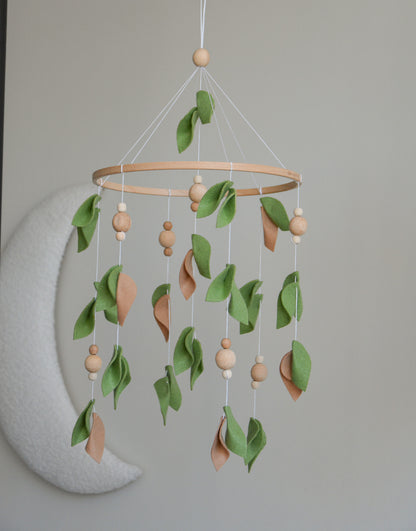 Forest style floral mobile with leaves and wooden pearls