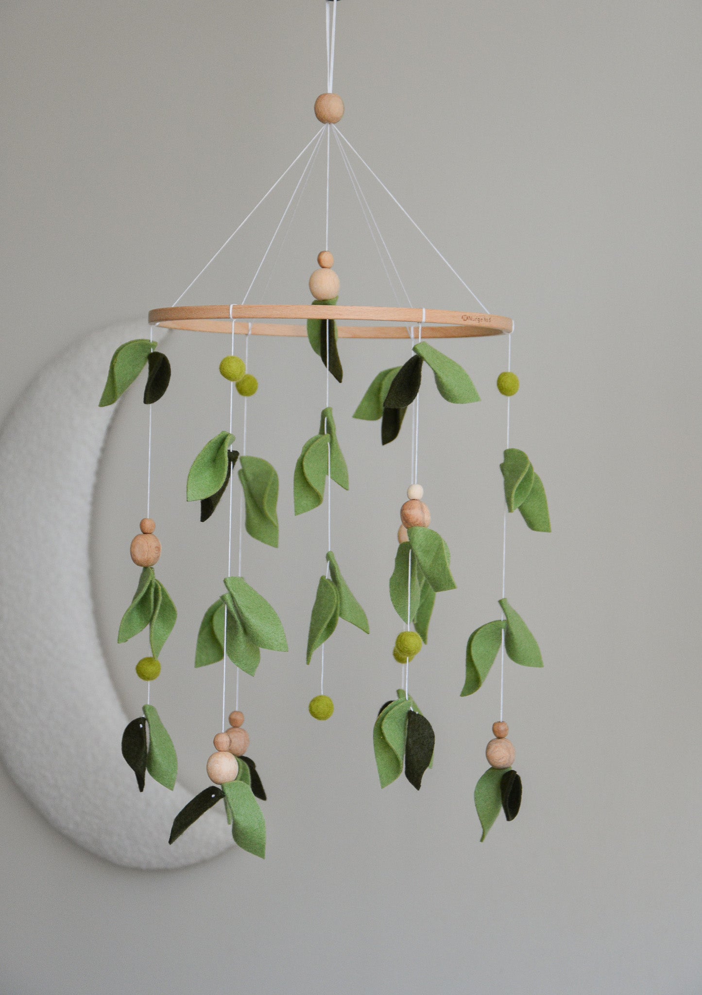 Forest style floral mobile with leaves and wooden pearls