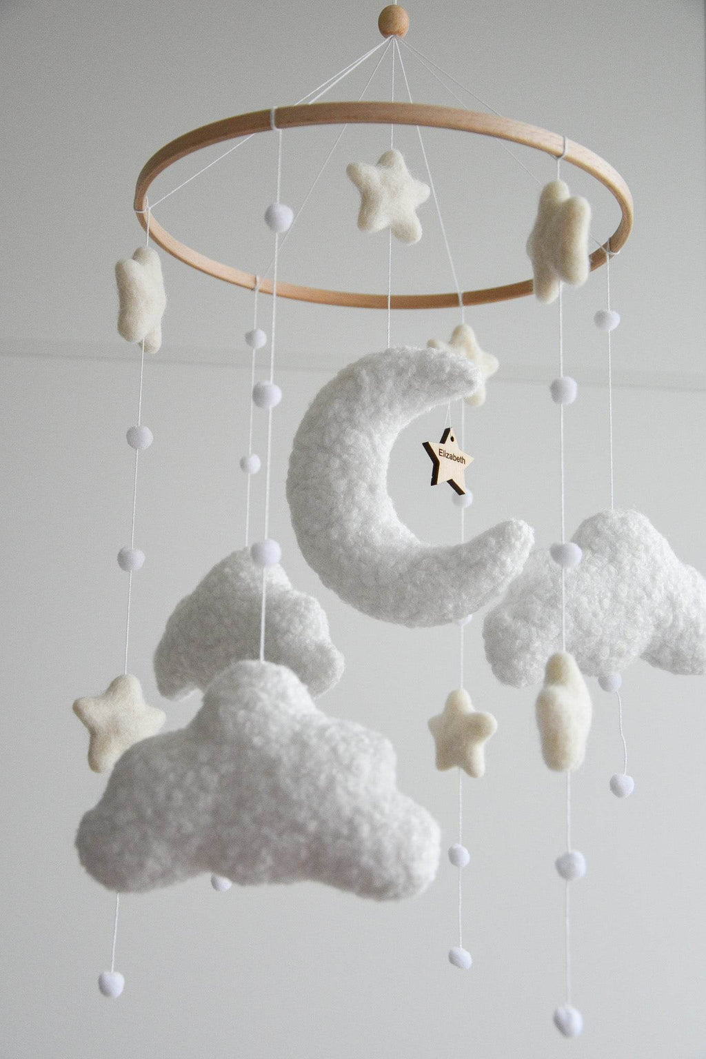 Personalized boucle clouds and moon baby nursery mobile - Minidreams Decor