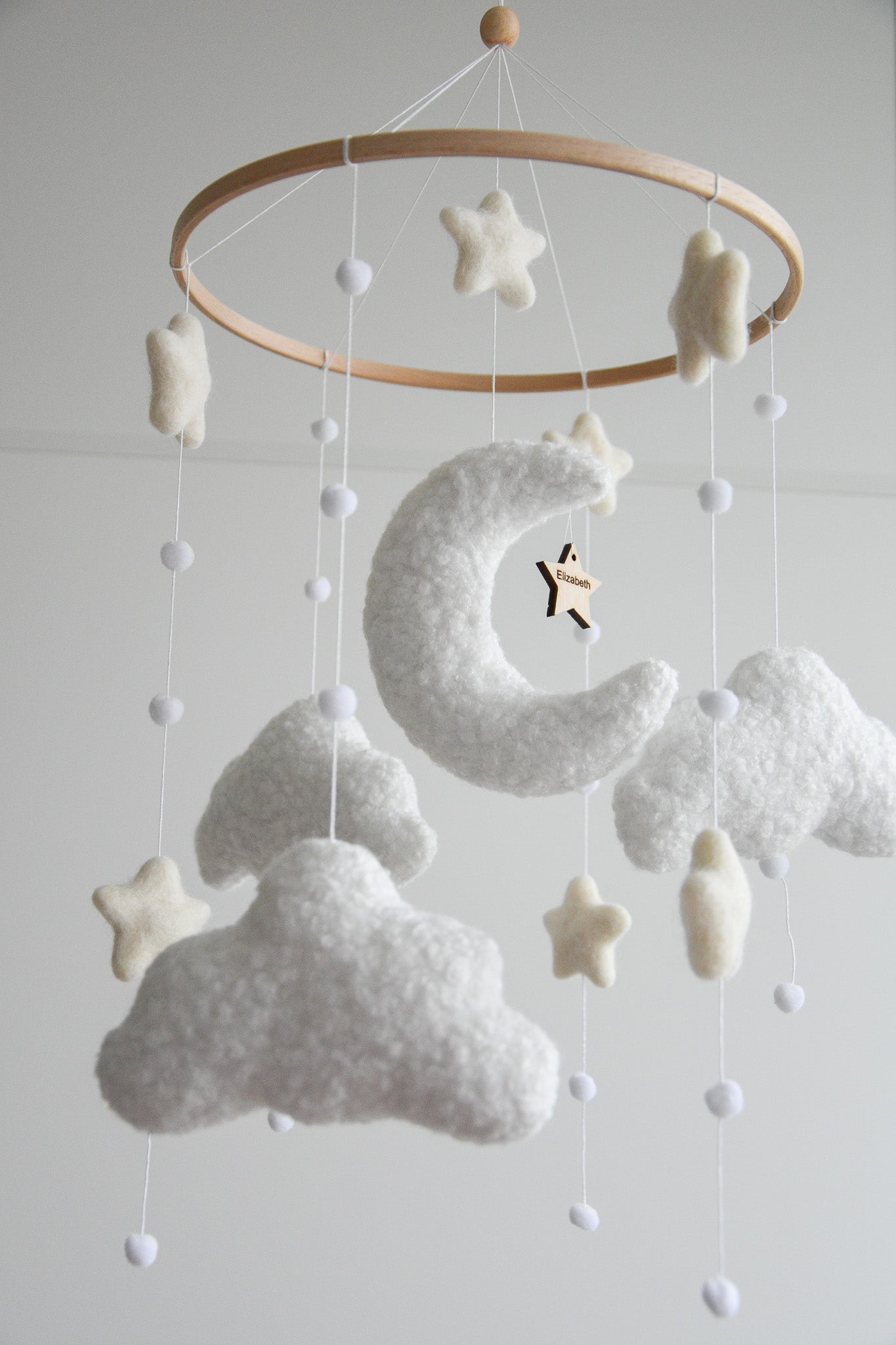 Personalized boucle clouds and moon baby nursery mobile