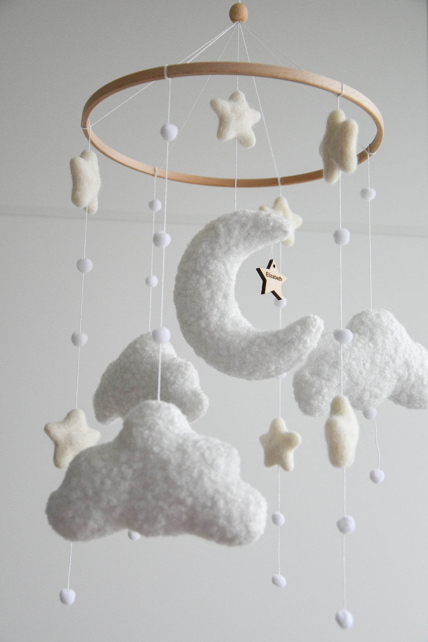 Personalized boucle clouds and moon baby nursery mobile - Minidreams Decor