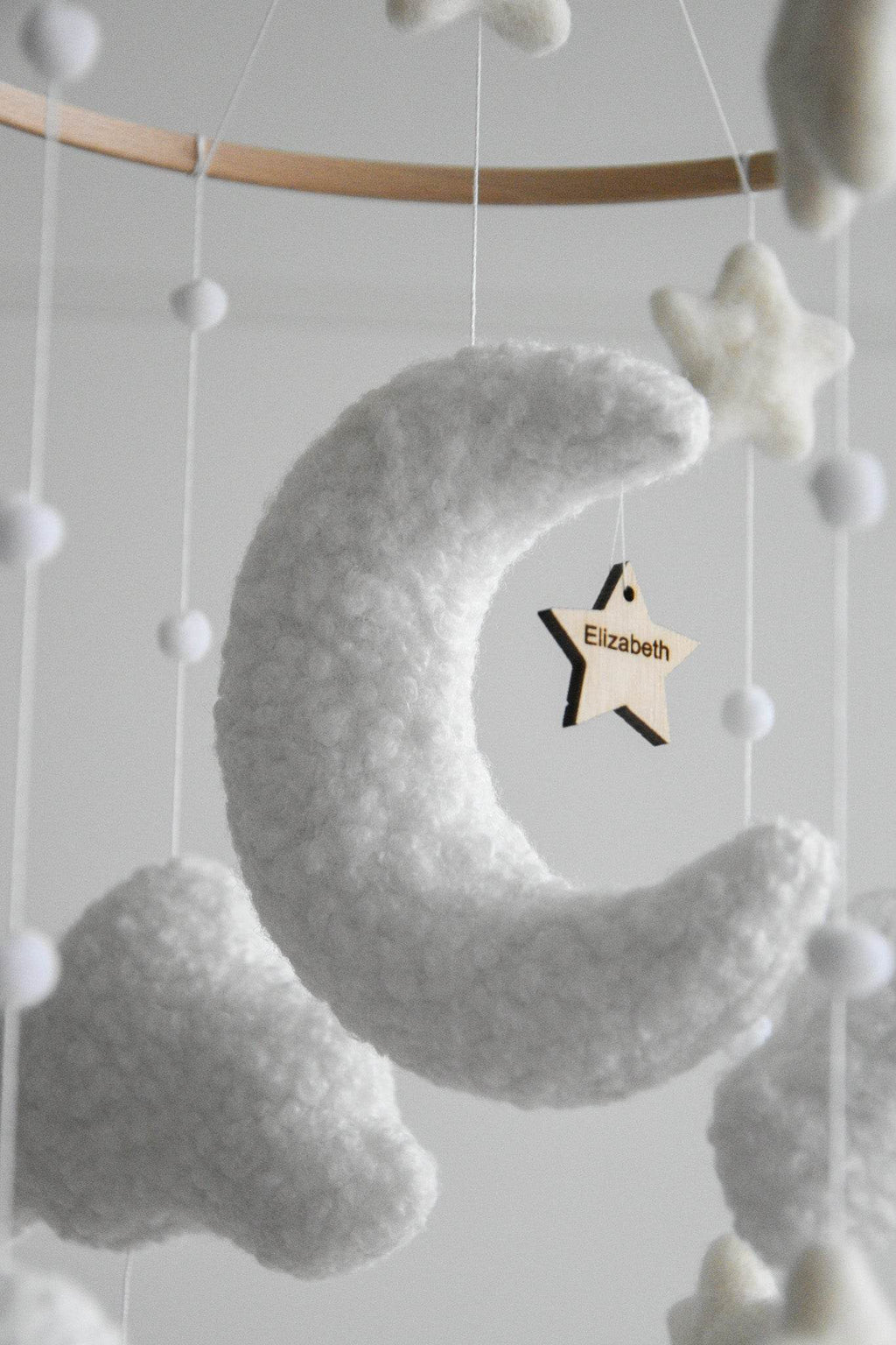 Personalized boucle clouds and moon baby nursery mobile - Minidreams Decor