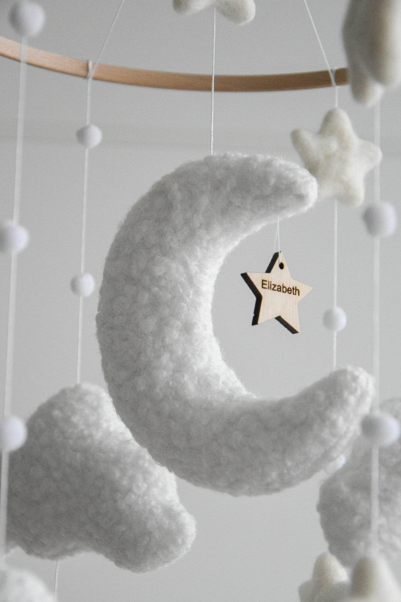 Personalized boucle clouds and moon baby nursery mobile - Minidreams Decor