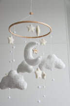Personalized boucle clouds and moon baby nursery mobile - Minidreams Decor
