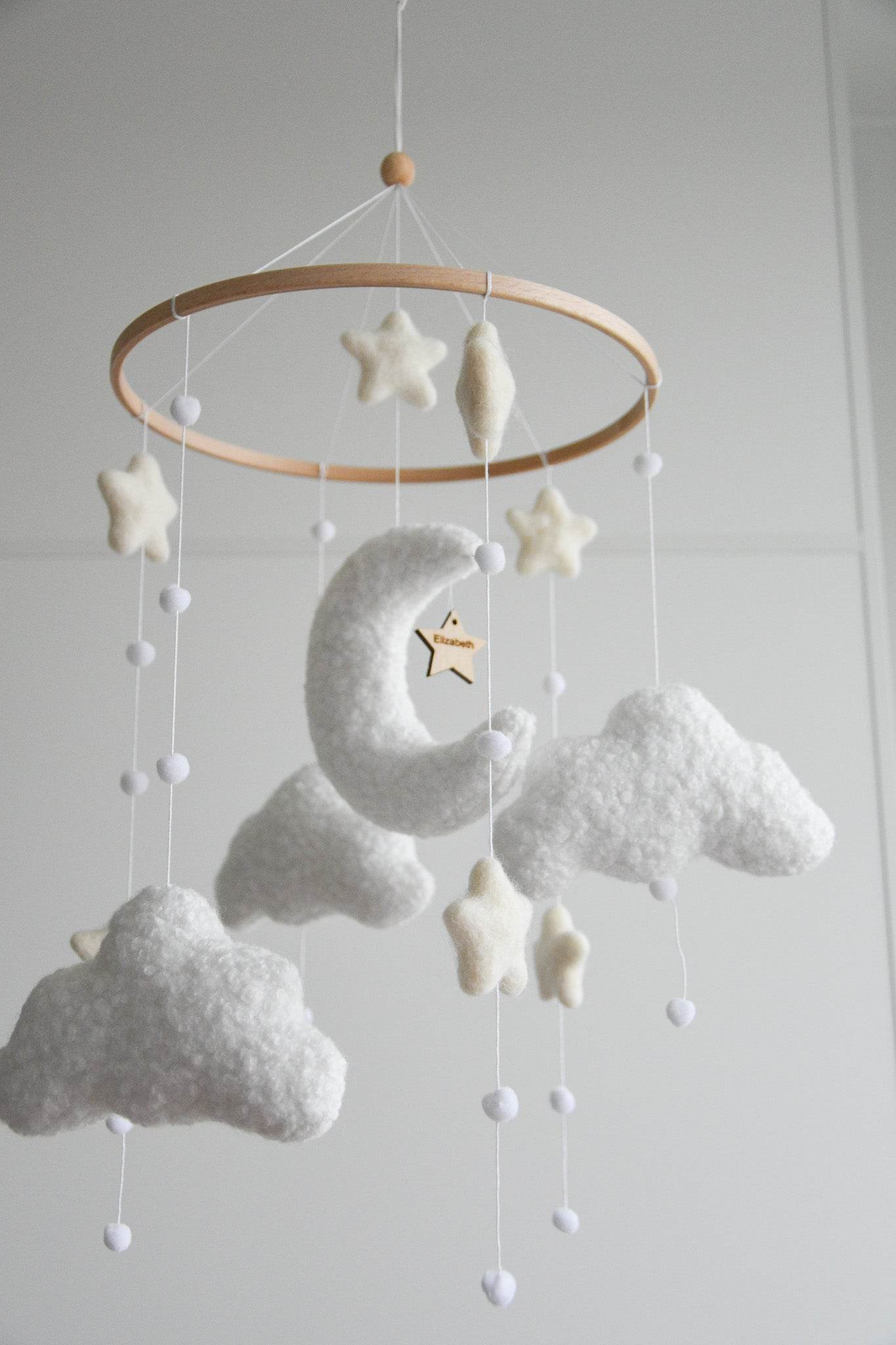 Personalized boucle clouds and moon baby nursery mobile - Minidreams Decor