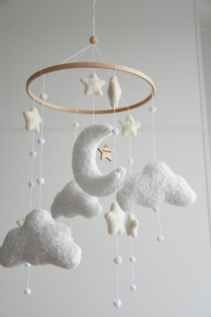 Personalized boucle clouds and moon baby nursery mobile