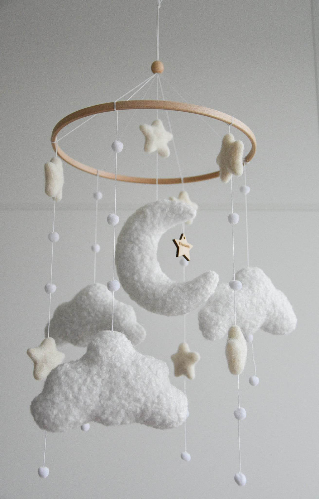 Personalized boucle clouds and moon baby nursery mobile - Minidreams Decor