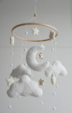 Personalized boucle clouds and moon baby nursery mobile - Minidreams Decor