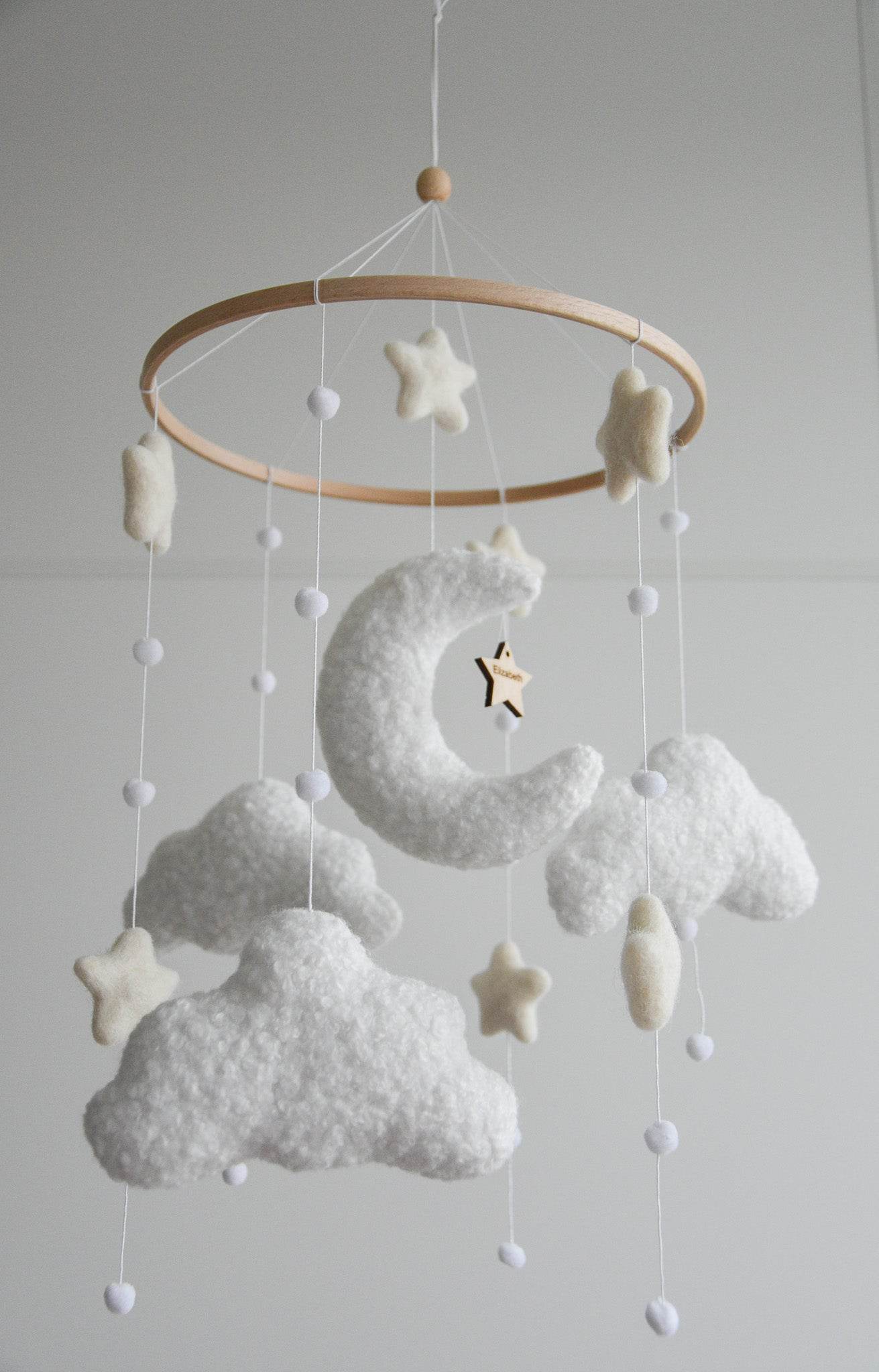 Personalized boucle clouds and moon baby nursery mobile - Minidreams Decor