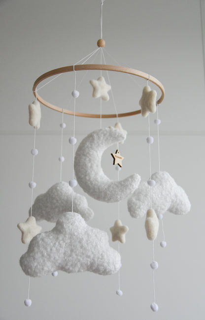 Personalized boucle clouds and moon baby nursery mobile