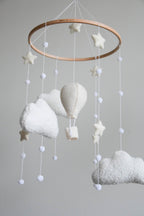 Hot air balloon boucle clouds and moon baby nursery mobile - Minidreams Decor