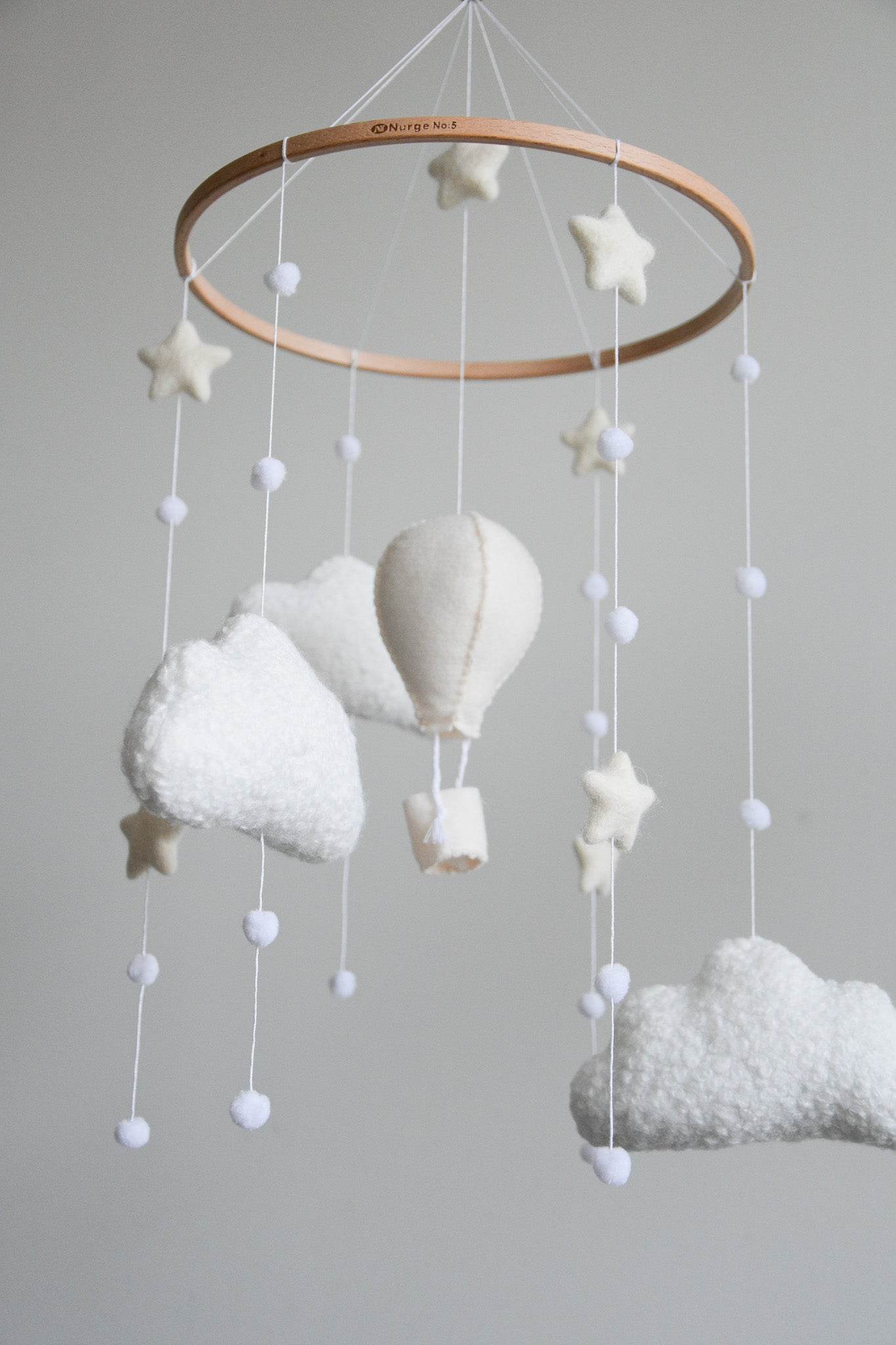 Hot air balloon boucle clouds and moon baby nursery mobile - Minidreams Decor