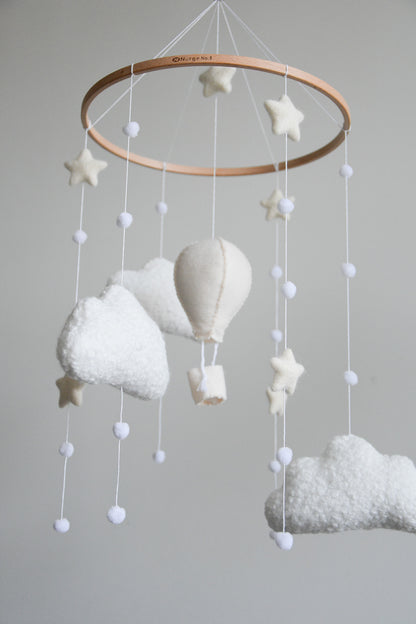 Hot air balloon boucle clouds and moon baby nursery mobile