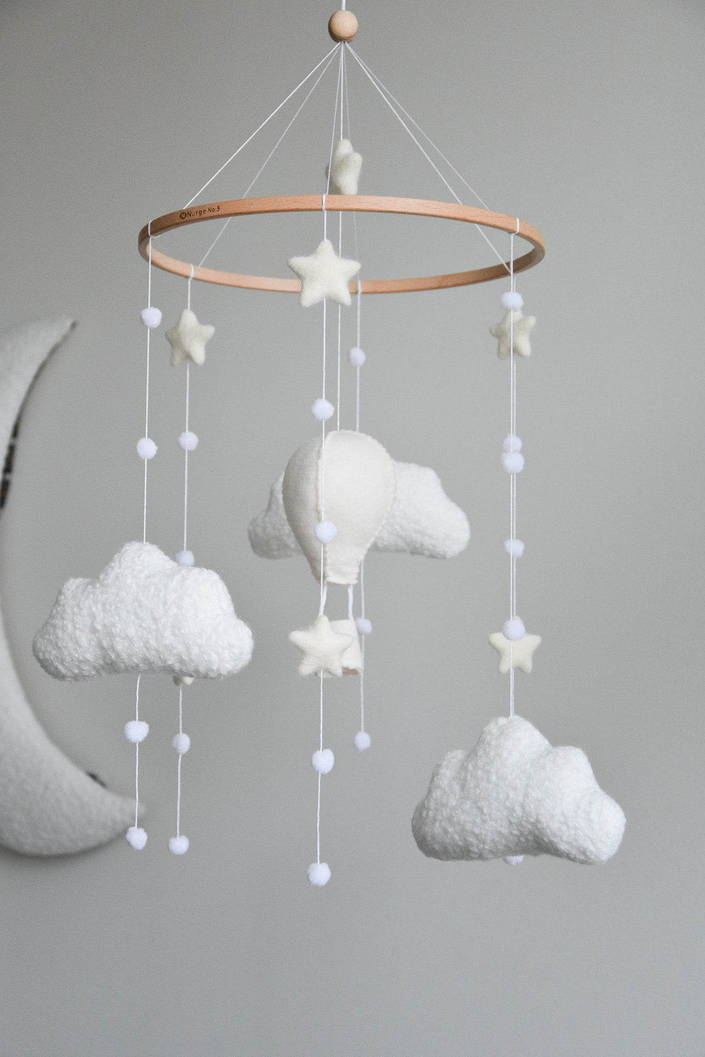 Hot air balloon boucle clouds and moon baby nursery mobile - Minidreams Decor