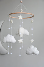 Hot air balloon boucle clouds and moon baby nursery mobile - Minidreams Decor