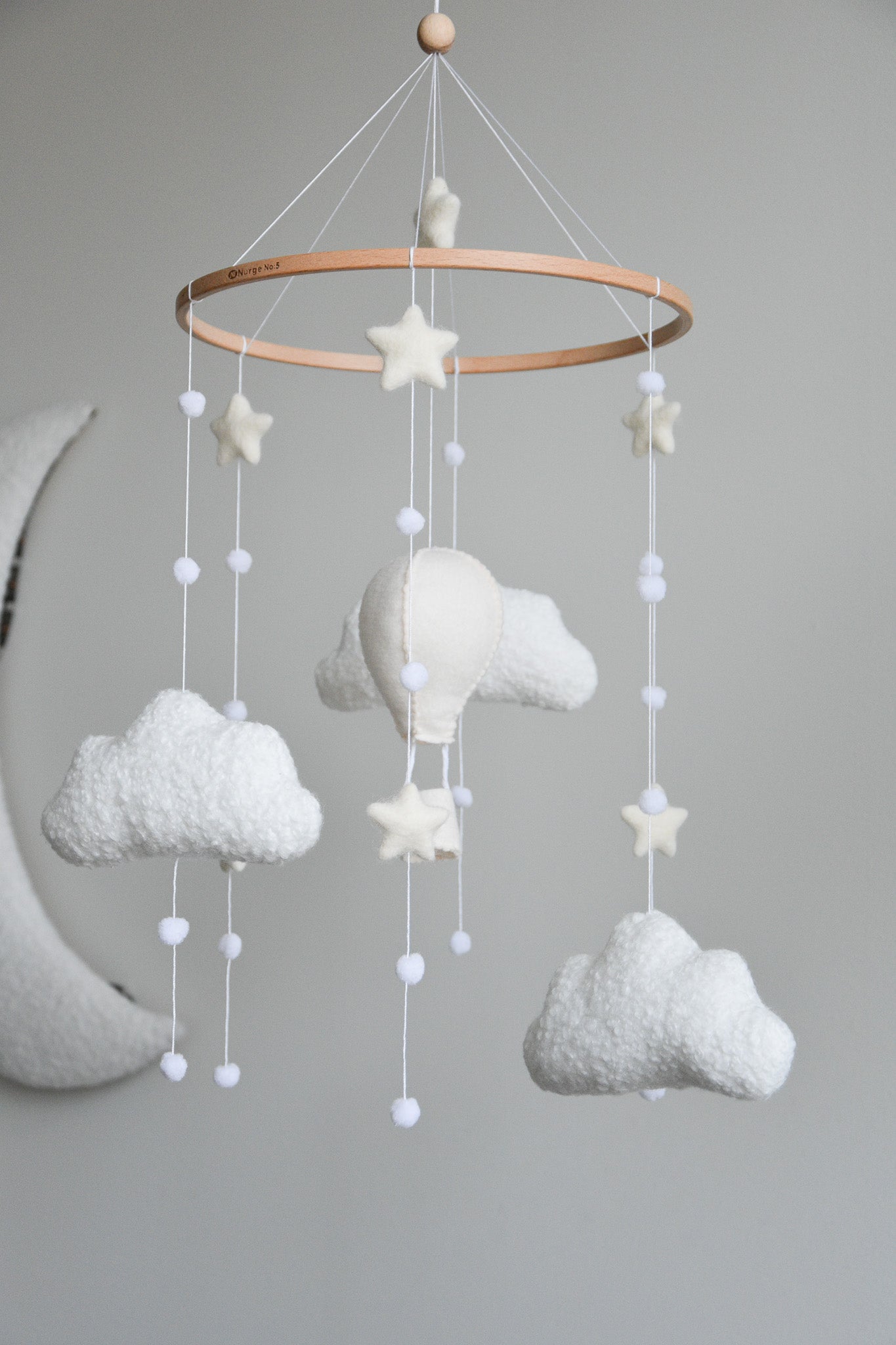 Hot air balloon boucle clouds and moon baby nursery mobile