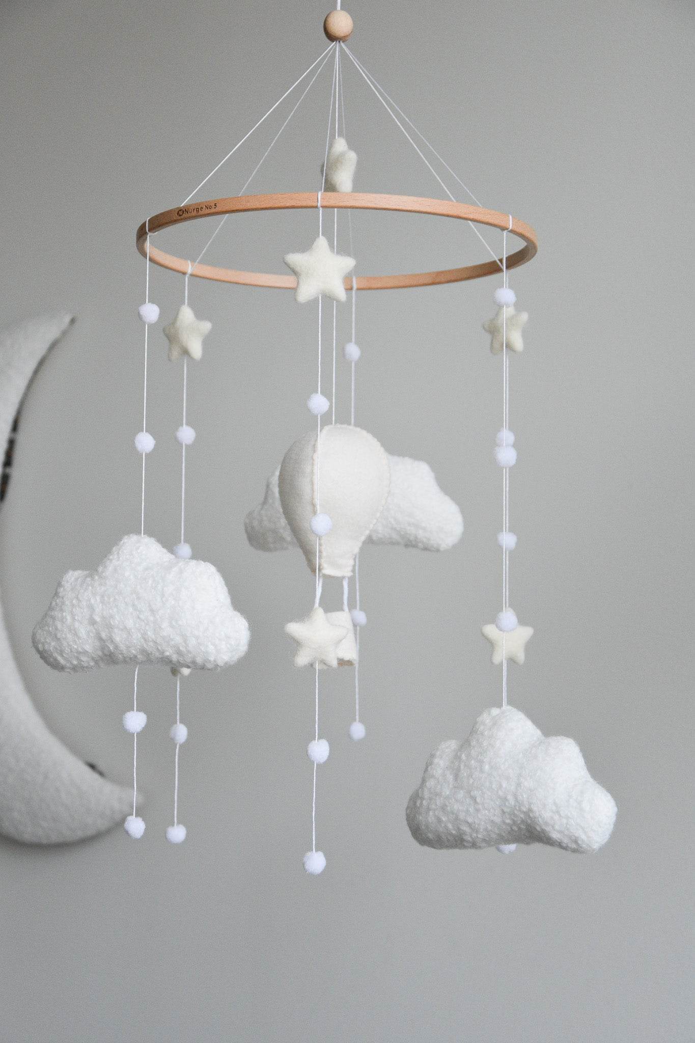 Hot air balloon boucle clouds and moon baby nursery mobile - Minidreams Decor