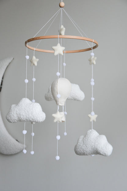 Hot air balloon boucle clouds and moon baby nursery mobile