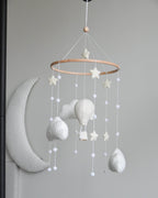 Hot air balloon boucle clouds and moon baby nursery mobile - Minidreams Decor