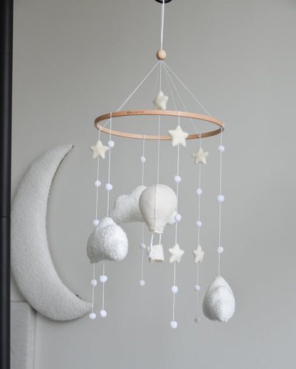 Hot air balloon boucle clouds and moon baby nursery mobile