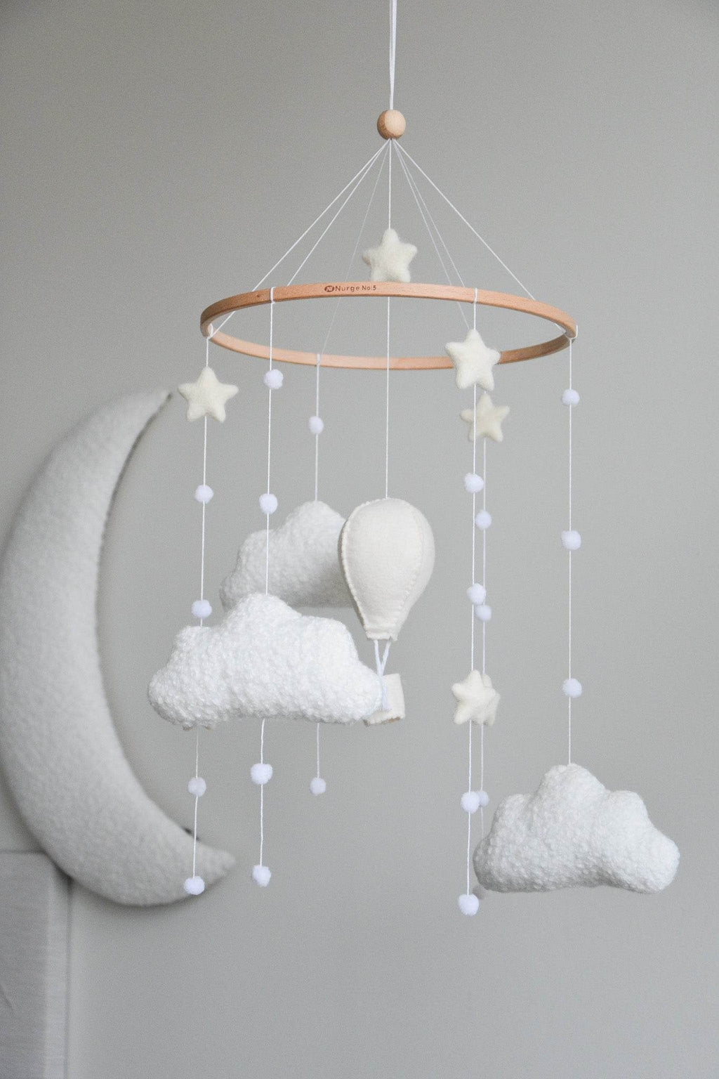 Hot air balloon boucle clouds and moon baby nursery mobile - Minidreams Decor