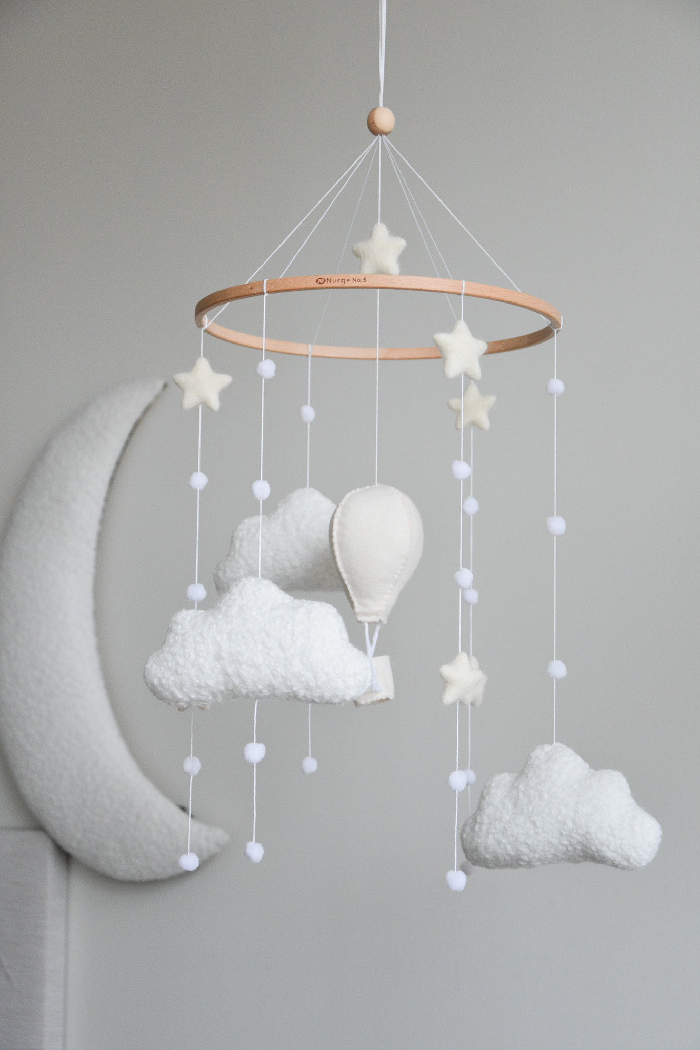 Hot air balloon boucle clouds and moon baby nursery mobile