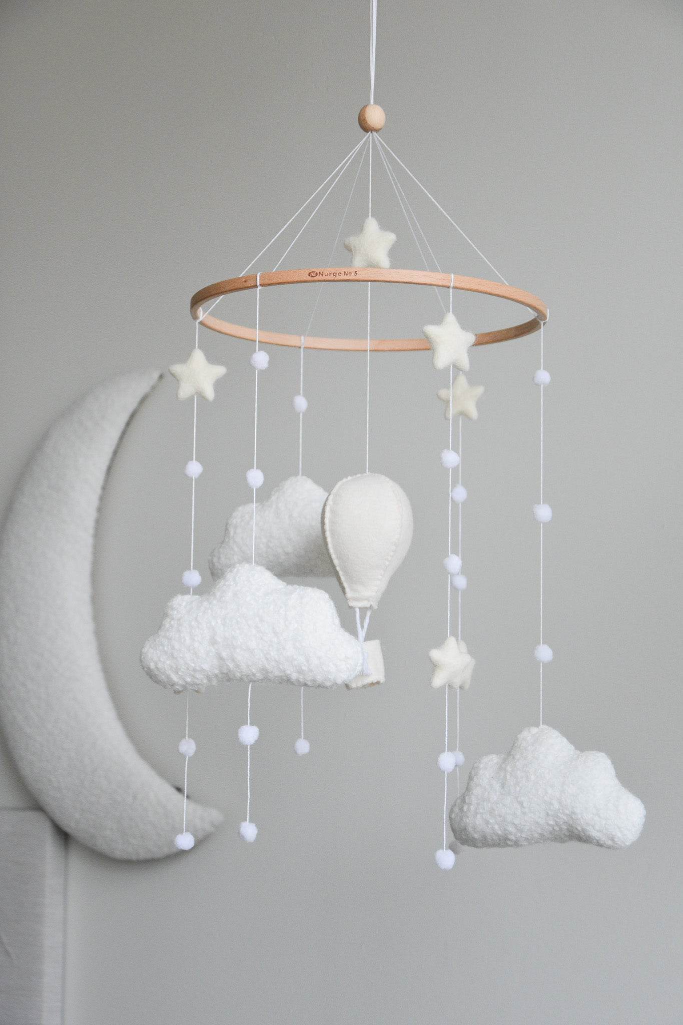 Hot air balloon boucle clouds and moon baby nursery mobile - Minidreams Decor