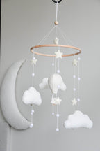 Hot air balloon boucle clouds and moon baby nursery mobile - Minidreams Decor