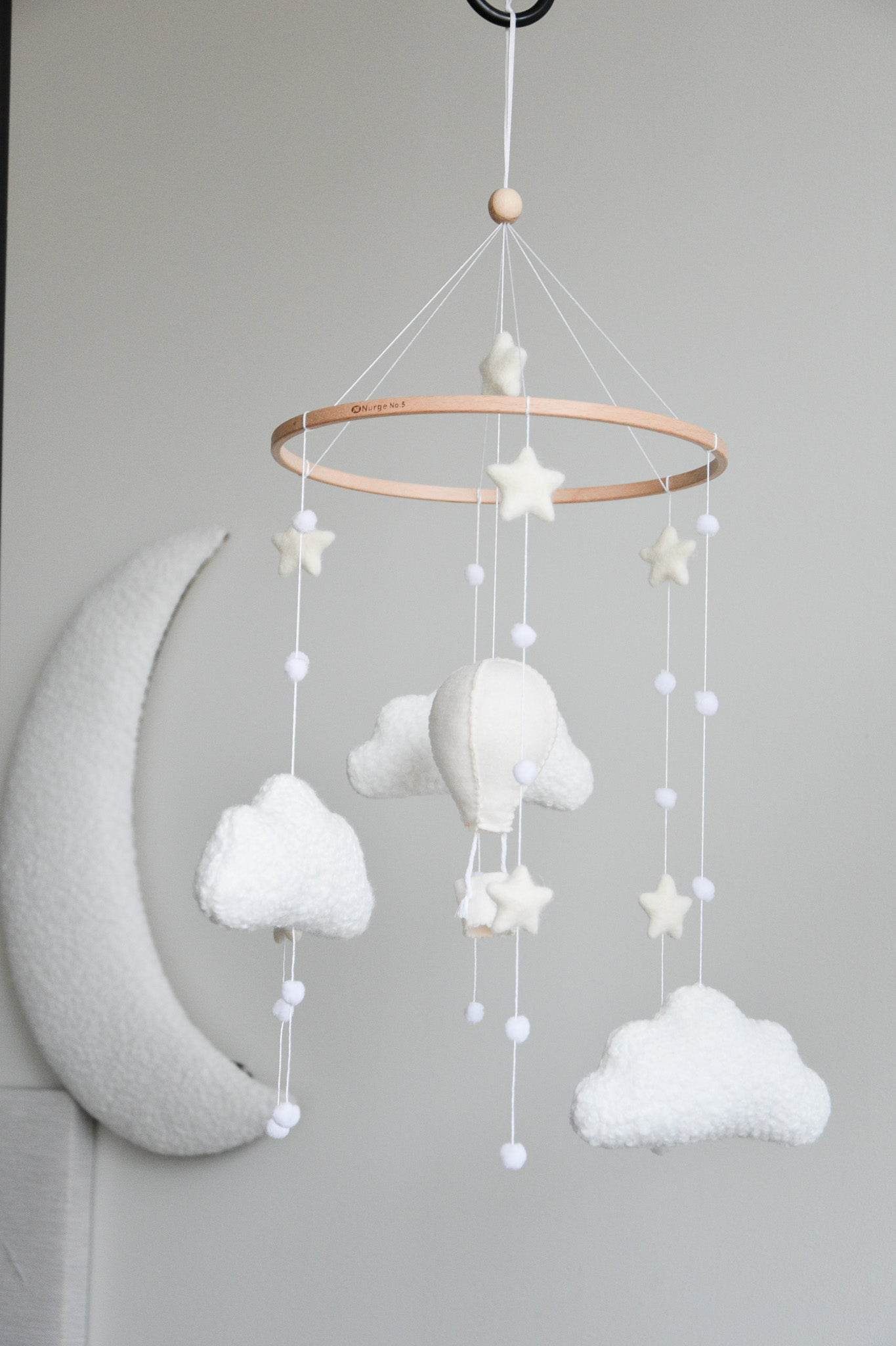 Hot air balloon boucle clouds and moon baby nursery mobile - Minidreams Decor