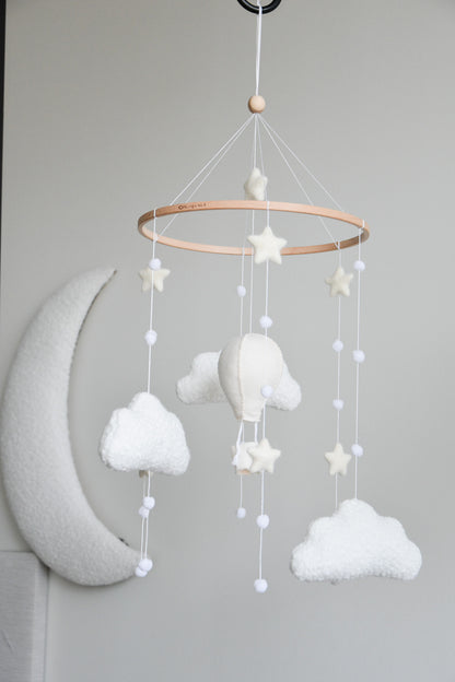 Hot air balloon boucle clouds and moon baby nursery mobile