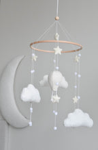 Hot air balloon boucle clouds and moon baby nursery mobile - Minidreams Decor