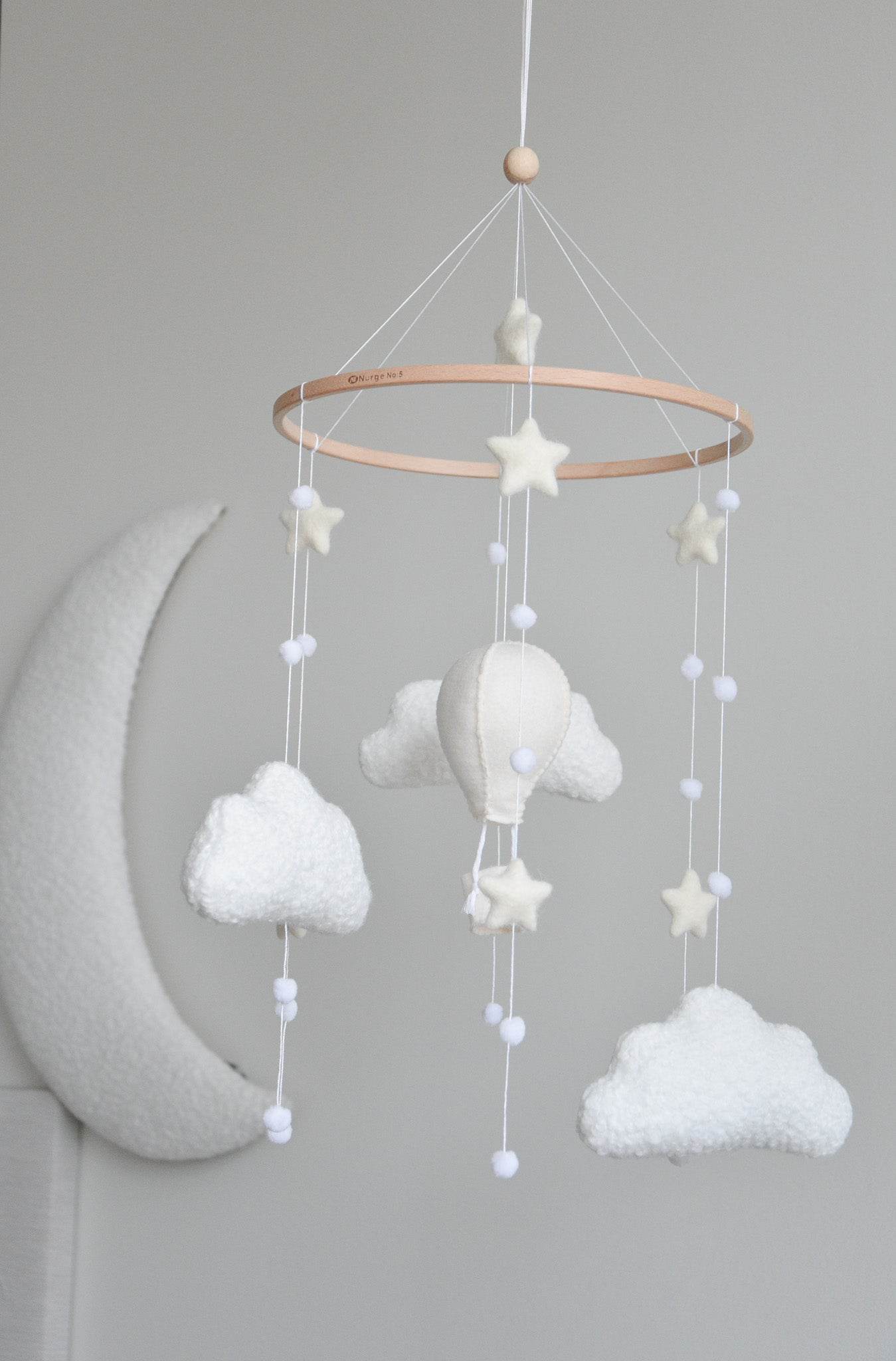 Hot air balloon boucle clouds and moon baby nursery mobile - Minidreams Decor