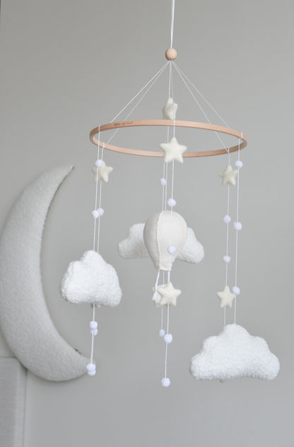 Hot air balloon boucle clouds and moon baby nursery mobile