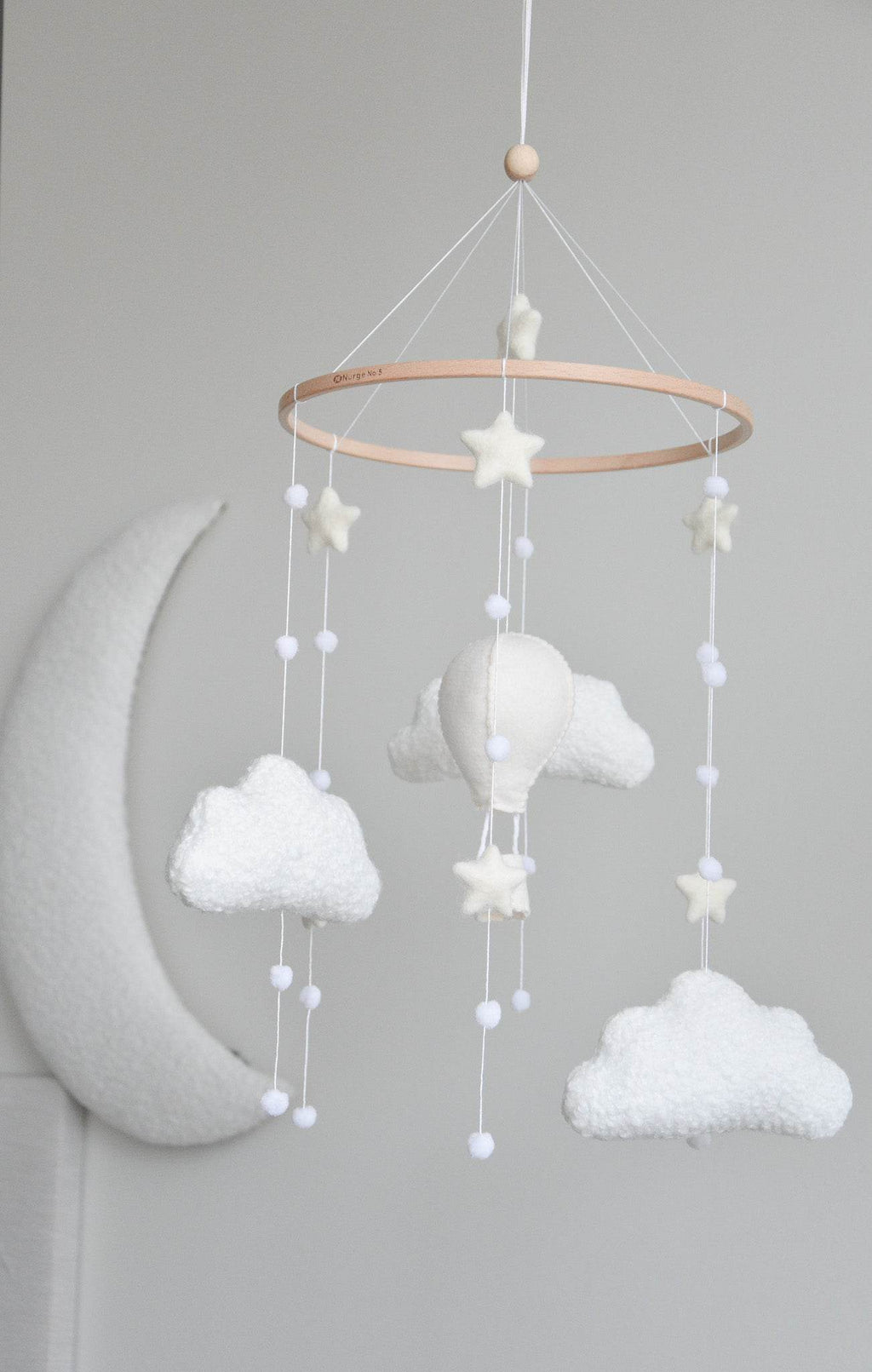 Hot air balloon boucle clouds and moon baby nursery mobile - Minidreams Decor