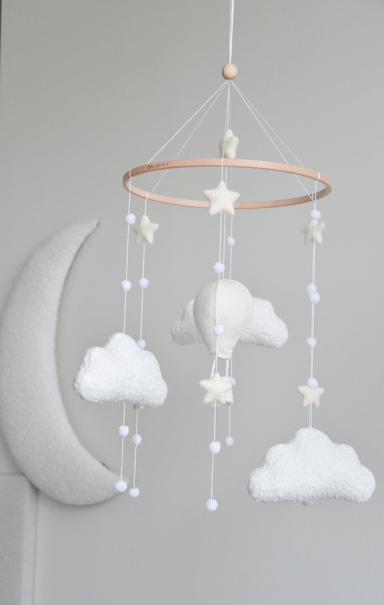 Hot air balloon boucle clouds and moon baby nursery mobile