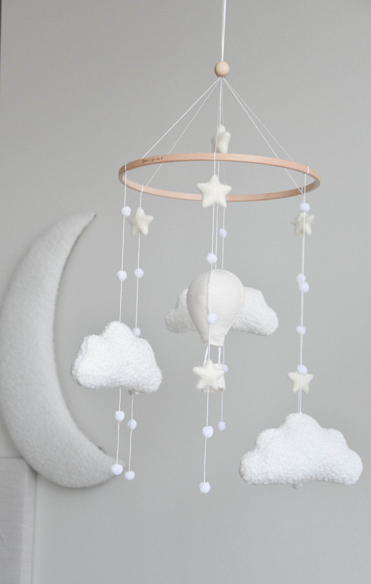 Hot air balloon boucle clouds and moon baby nursery mobile - Minidreams Decor