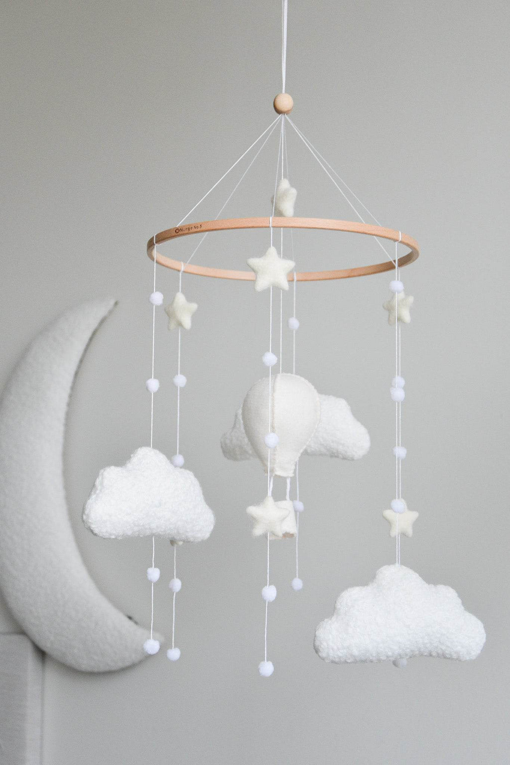 Hot air balloon boucle clouds and moon baby nursery mobile - Minidreams Decor