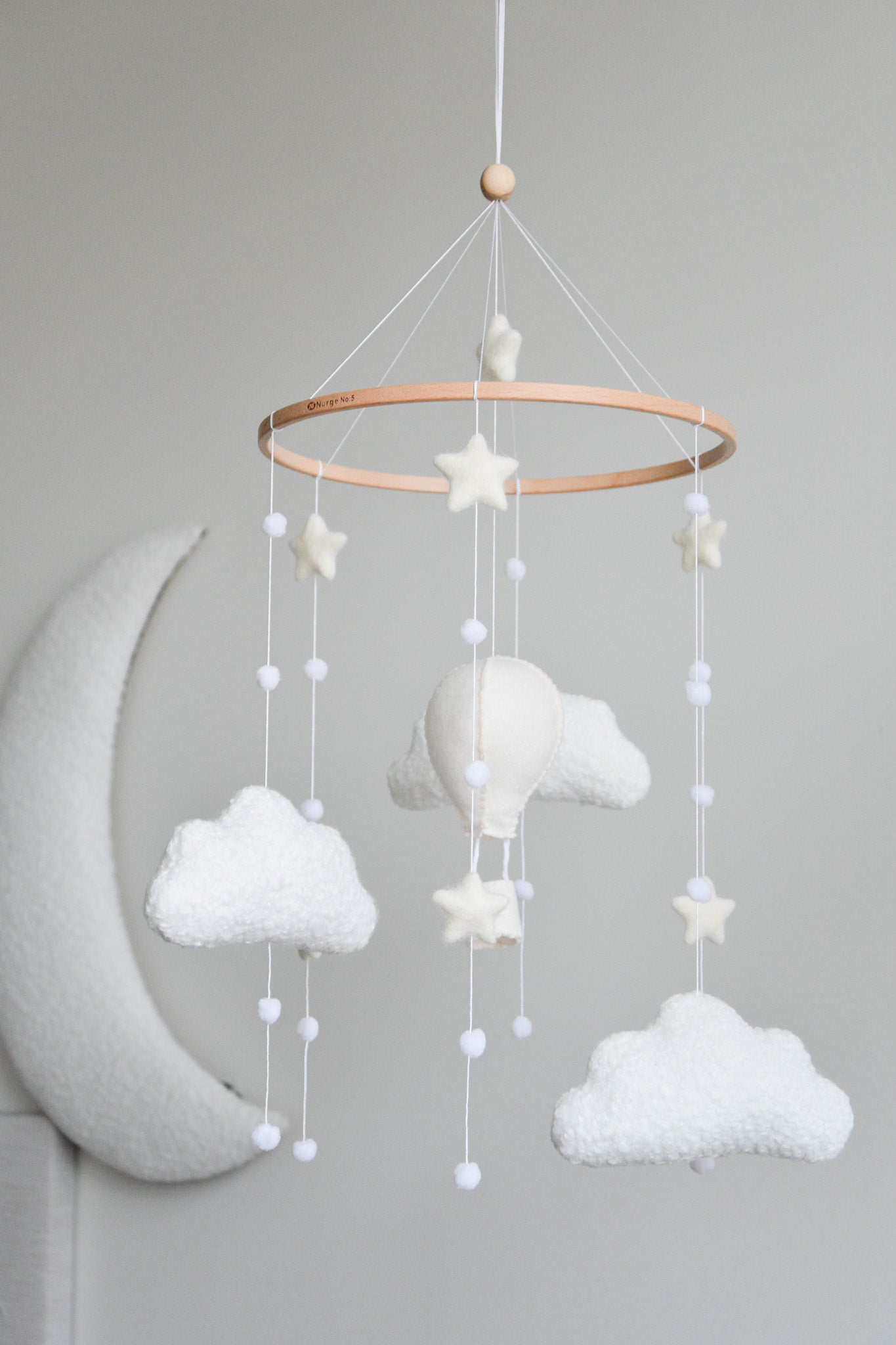 Hot air balloon boucle clouds and moon baby nursery mobile