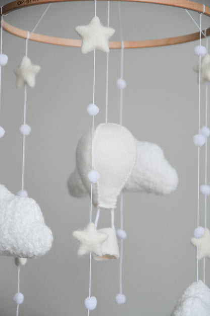 Hot air balloon boucle clouds and moon baby nursery mobile