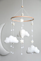 Hot air balloon boucle clouds and moon baby nursery mobile - Minidreams Decor