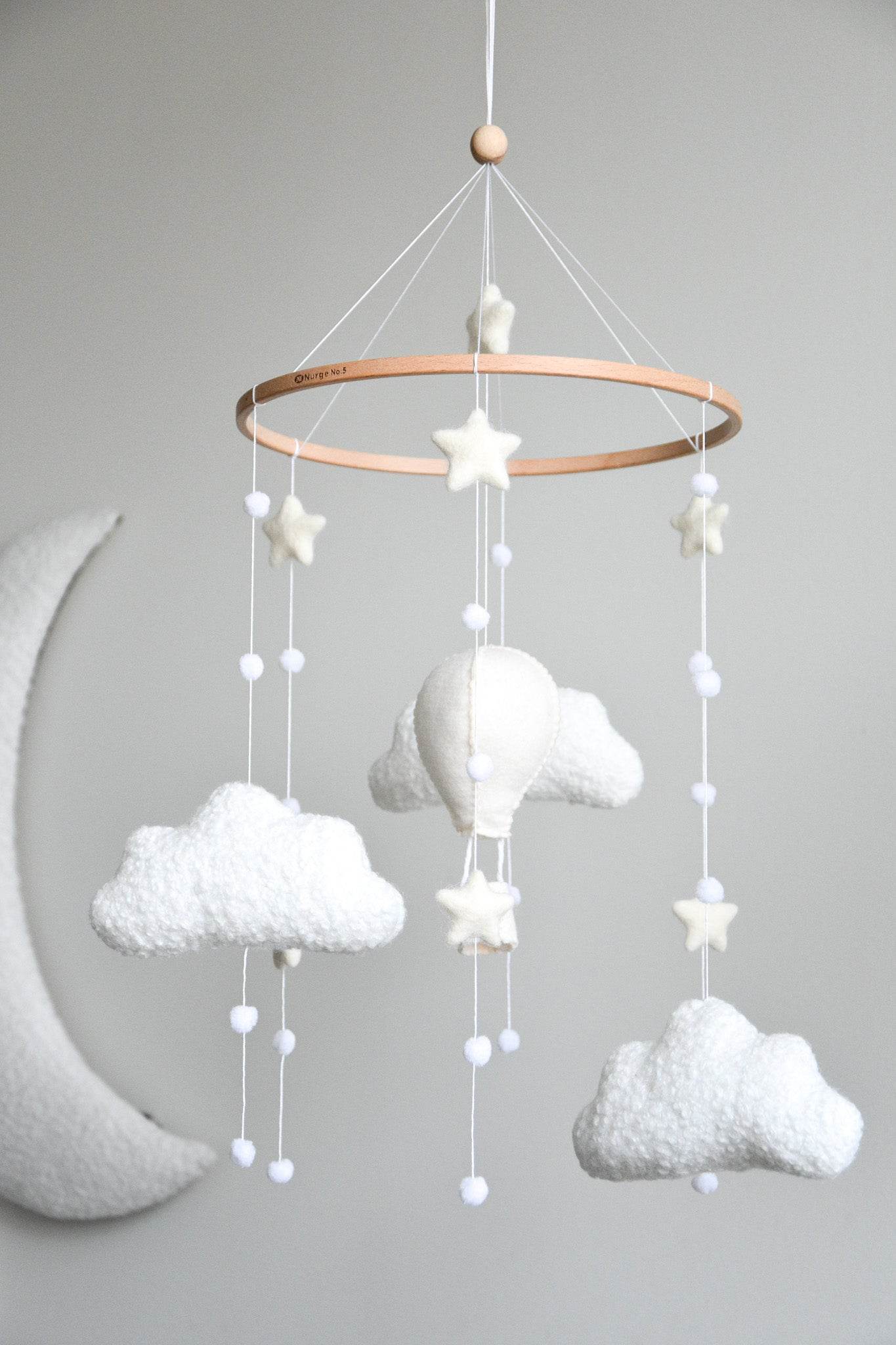 Hot air balloon boucle clouds and moon baby nursery mobile - Minidreams Decor