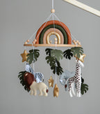 Safari Baby mobile with Lion, golden stars clouds, monstera leaves and rainbow
