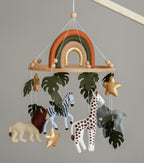 Safari Baby mobile with Lion, golden stars clouds, monstera leaves and rainbow