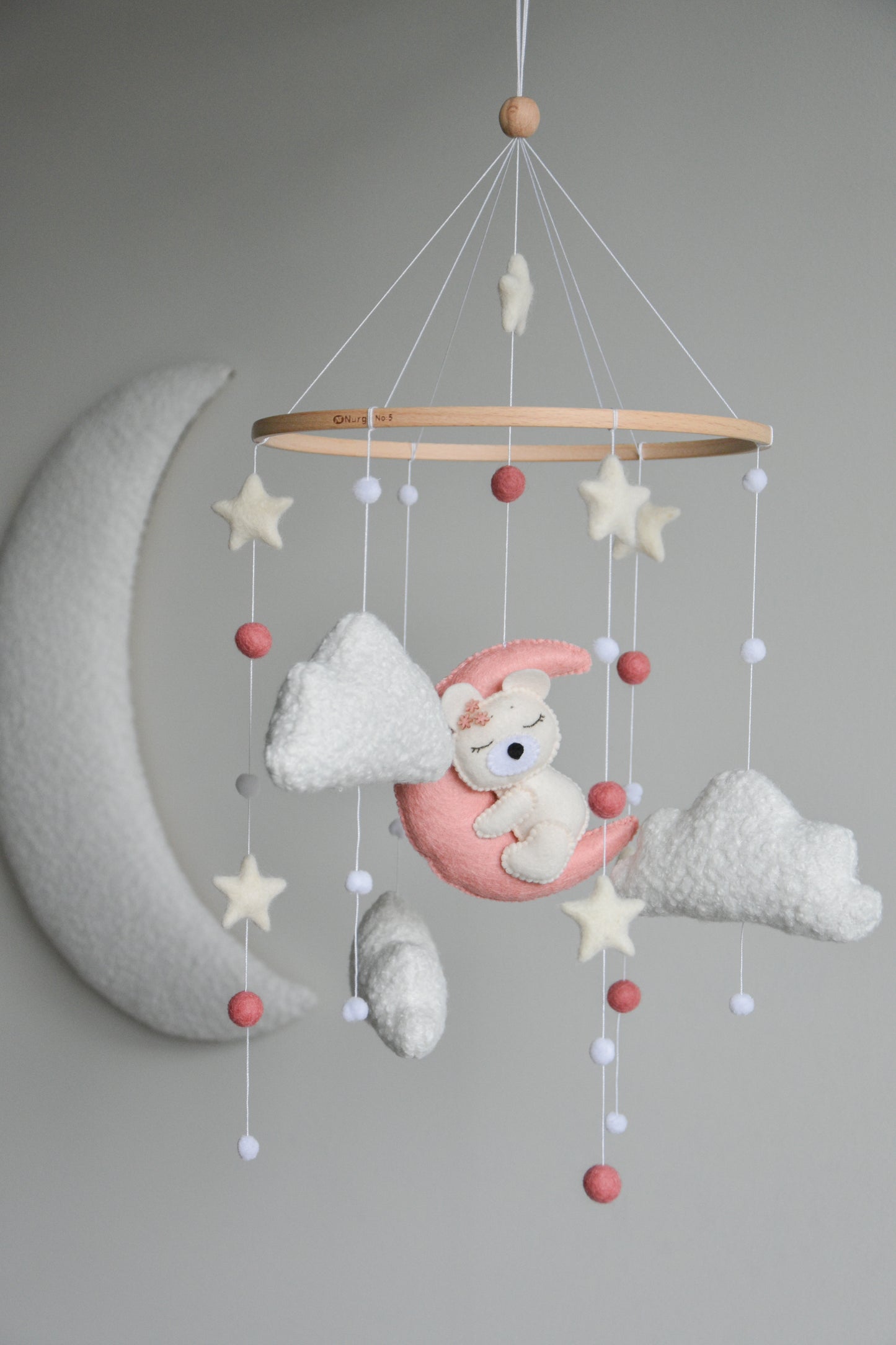 Baby Girl Pink Bear Boucle clouds and moon baby nursery mobile