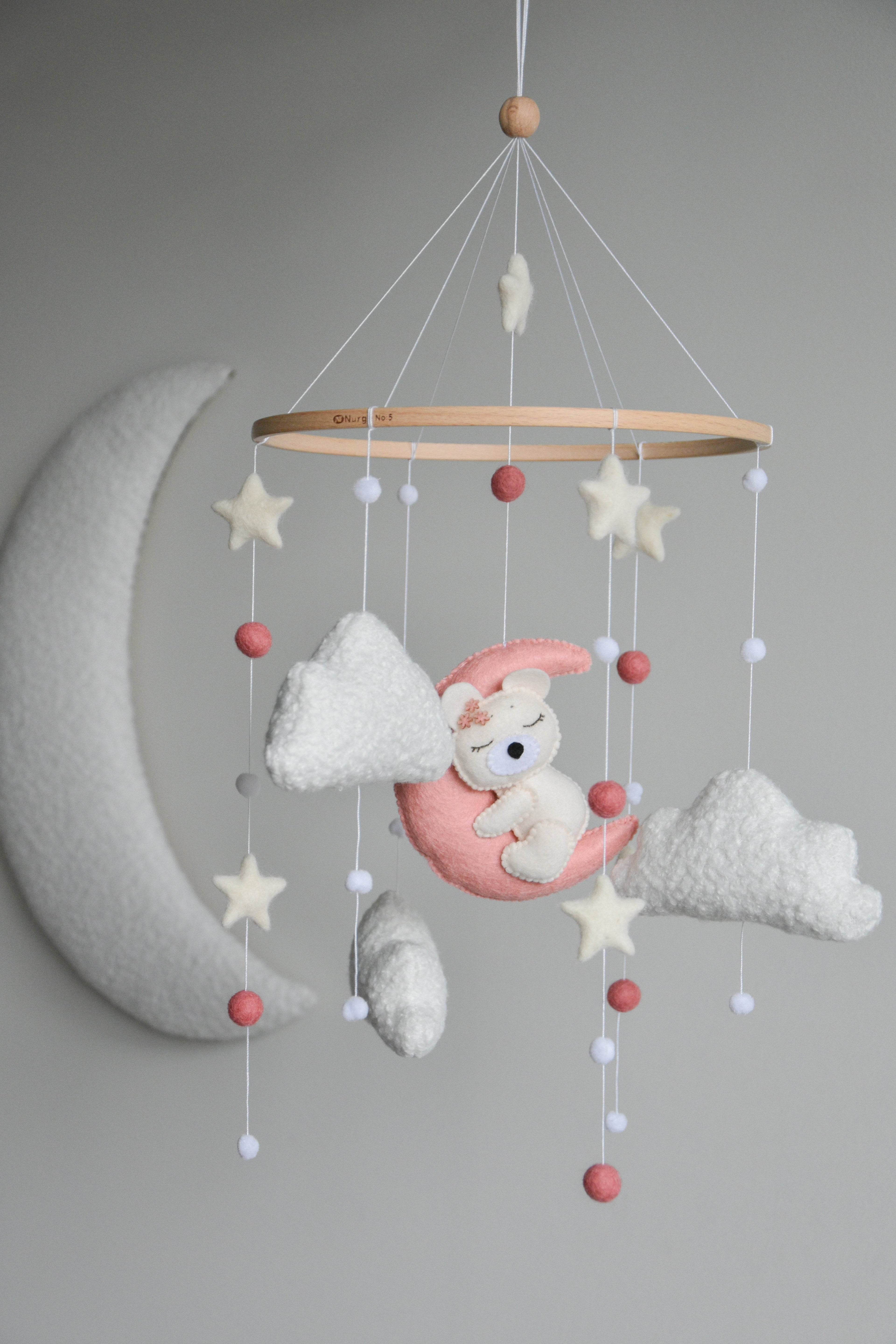 Baby Girl Pink Bear Boucle clouds and moon baby nursery mobile - Minidreams Decor