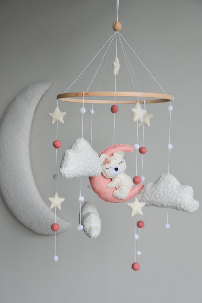 Baby Girl Pink Bear Boucle clouds and moon baby nursery mobile