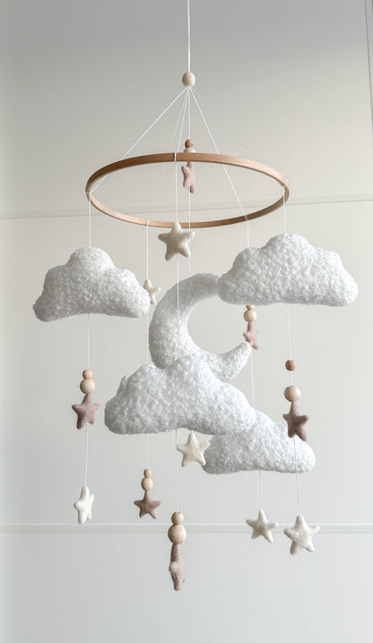 Boucle clouds and moon baby nursery mobile