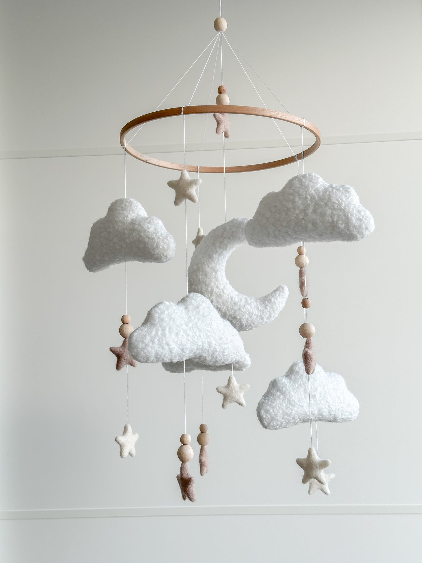 Boucle clouds and moon baby nursery mobile