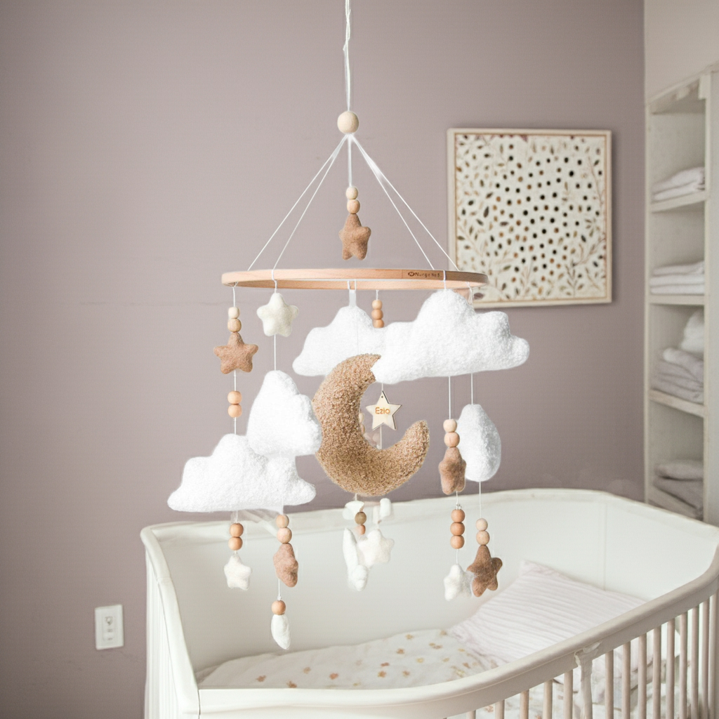 Boucle Baby Nursery Mobile with Clouds and Moon