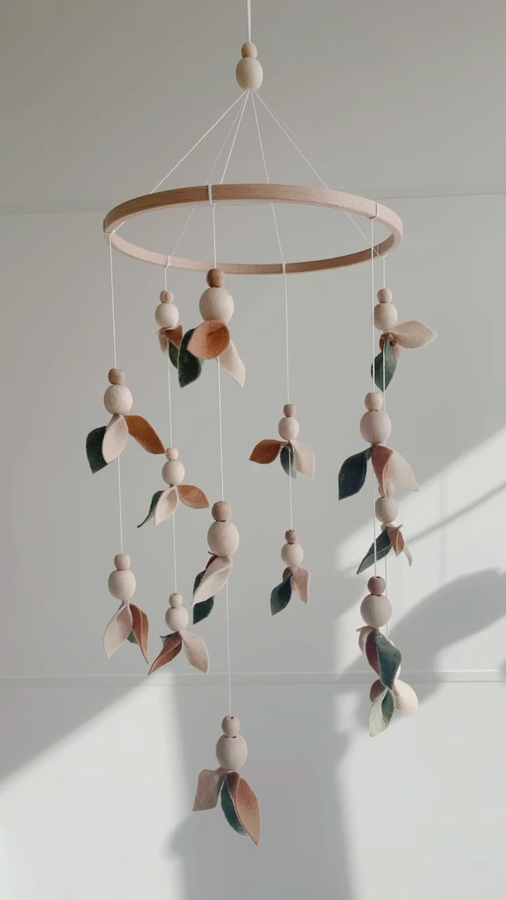 Floral Mobile with Wooden Pearls in Green, Beige, Brown, and Leaves for Elegant Decor
